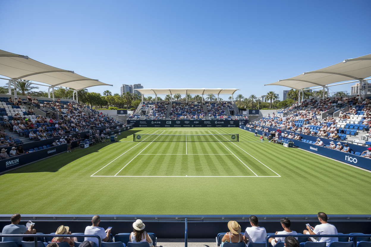 tennis centre court with blue skies 